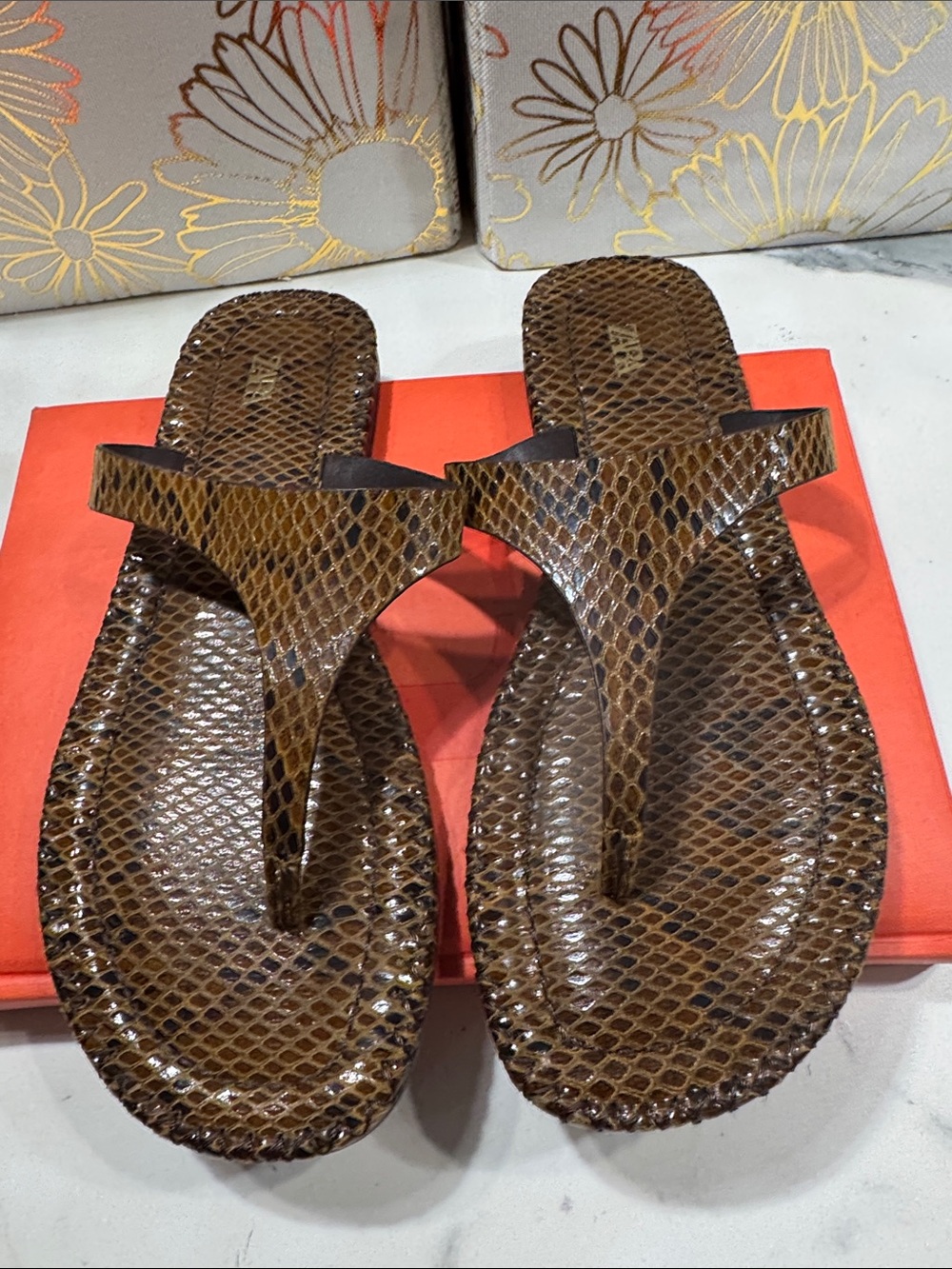 Zara Thong Sandals Womens 35‎ Brown Excellent Snakeskin Embossed Flat Flip Flops